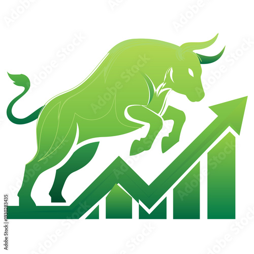 Bull leaps over an upward trending graph representing stock market growth. Clean green design highlights financial success. Concept of finance, investment, trading