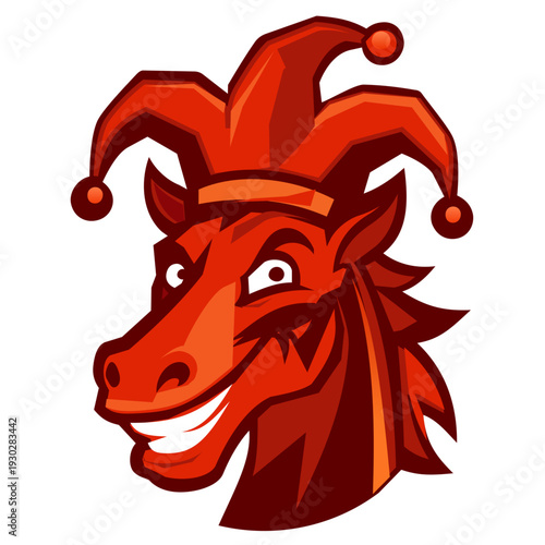 Horse wearing jester hat smiles with playful expression. Bright colorful design, cartoon style. Concept of amusement, entertainment, creative marketing for events and games