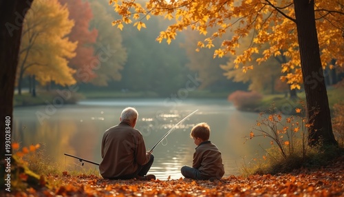 Grandfather and grandson sit by pond fishing in autumn. Golden leaves fall around them. Peaceful day with family bonding. They enjoy quiet time together.