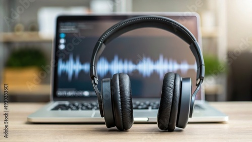 Climate anxiety Black over-ear headphones placed in front of a laptop displaying audio waveform on the screen.
