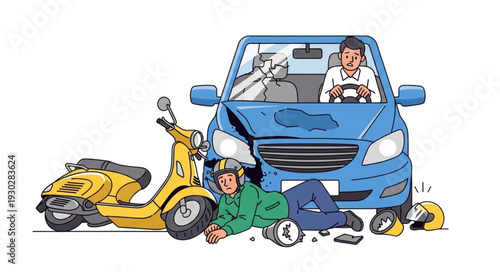Car Accident with Scooter and Injured Person.
