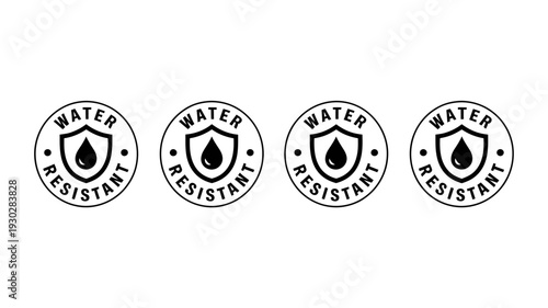 Four identical water resistant labels with shield and droplet icon in black