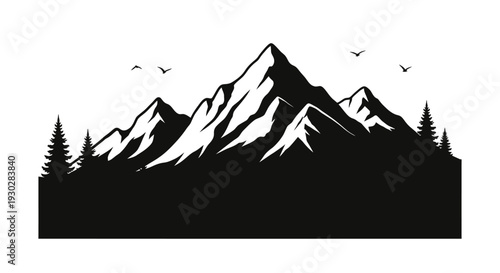 Black silhouette of mountain range landscape.