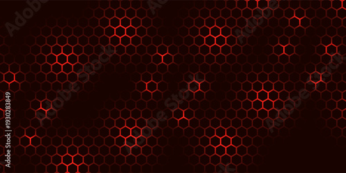 Hexagon game background with glowing red honeycomb grid on black surface. Abstract geometric pattern of connected cells for futuristic interface design. Digital technology bg with luminous edges.