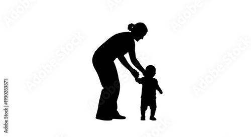 Woman helping little child walk.
