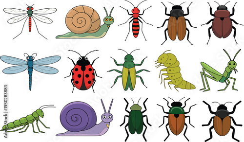 Cute Cartoon Insects and Bugs Vector Set for Kids Education Biology Learning Stickers Games and Nature Design
