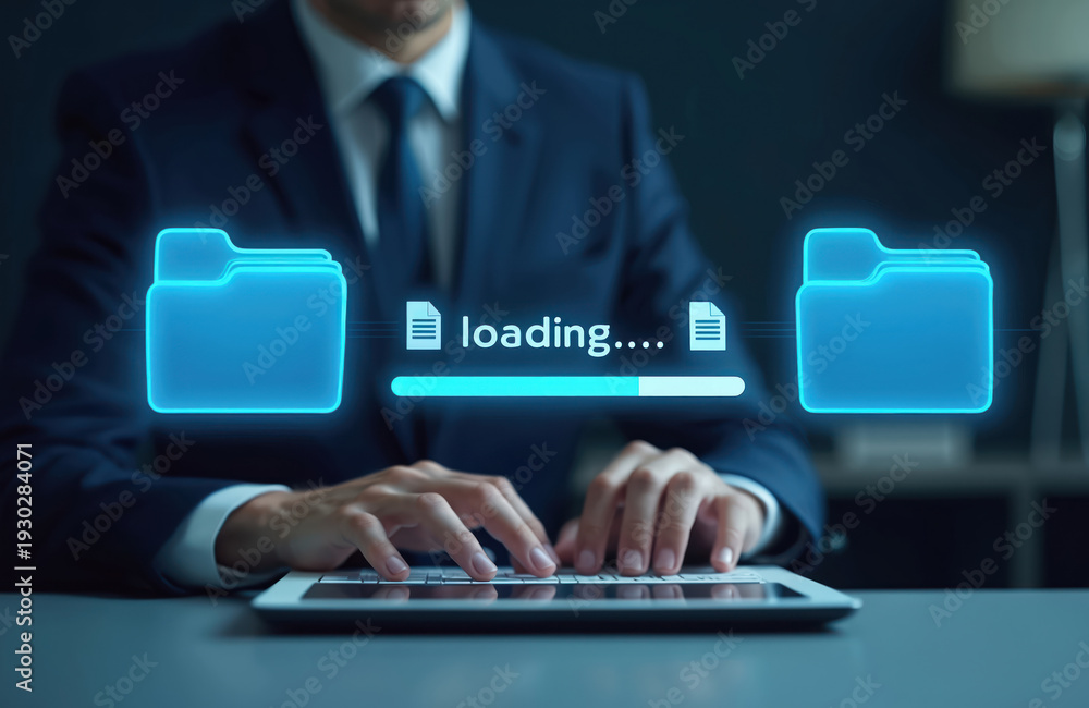 Fototapeta premium Man in suit types on laptop transferring files between folders. Digital loading bar shows data progress. Computer network concept for cloud backup.