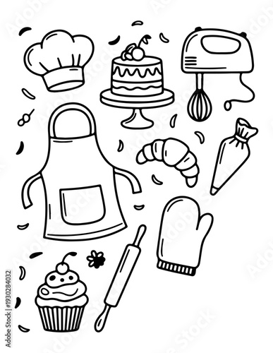 A delightful assortment of baking tools and treats in a whimsical illustration