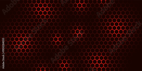 Hexagon game background with glowing red honeycomb grid on black surface. Abstract geometric pattern of connected cells for futuristic interface design. Digital technology bg with luminous edges.