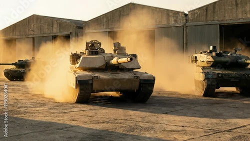 Three main battle tanks, including an M1 Abrams and Leopard 2s, drive out from weathered concrete hangars, kicking up thick clouds of dust into the warm golden sunlight