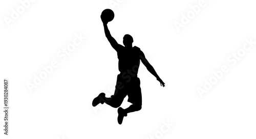 Man jumping to dunk basketball high.