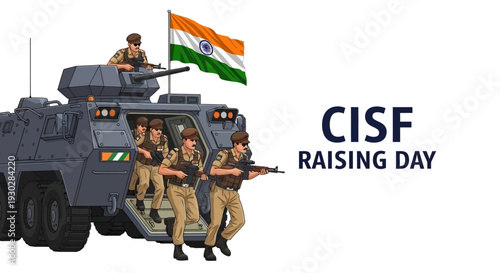 Illustration of CISF personnel in tactical gear exiting a military vehicle with Indian flag on CISF Raising Day against a clean background.