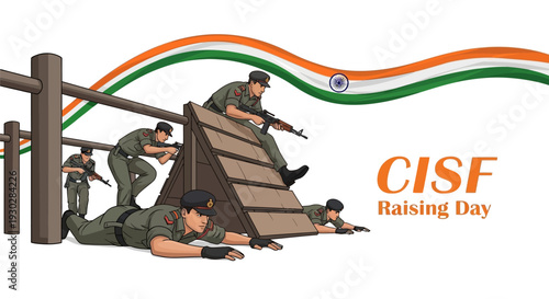 Illustration of CISF personnel in training with obstacles and Indian flag elements on CISF Raising Day.