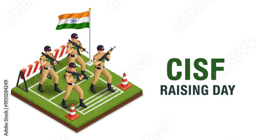 Illustration of CISF personnel marching on a parade ground with Indian flag, celebrating CISF Raising Day in a graphic design.