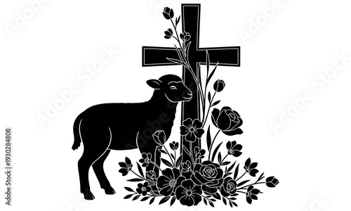 Lamb standing beside a cross with floral elements in black and white