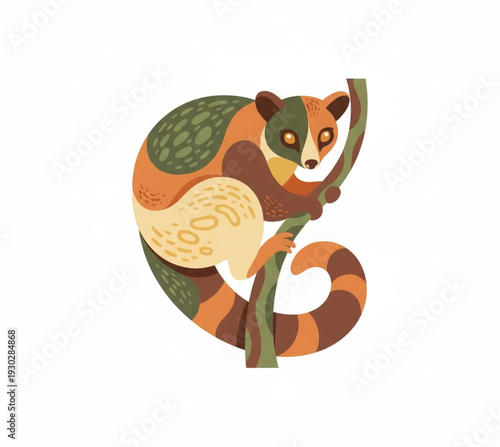 Illustration of a colorful lemur perched on a branch, showcasing vibrant fur and a playful demeanor in a natural setting from a side viewpoint