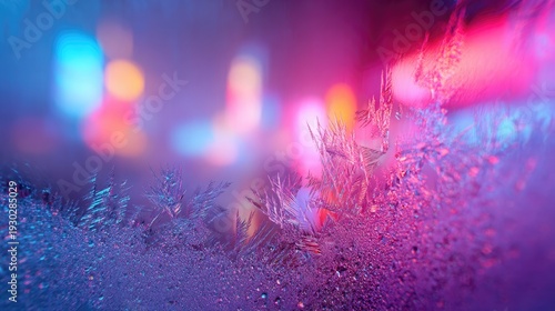 Close-up of frost crystals on glass with a blurred neon city background. Vibrant pink and blue bokeh lights create a futuristic winter atmosphere with cold icy textures