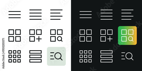 Menu button ui icon set. Pack of burger menu, grid menu, search menu vector symbol with editable stroke