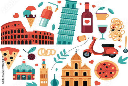 Italy Travel and Culture Flat Vector Illustration with Landmarks, Traditional Food, Wine and Romantic Tourism Symbols in Heart Shape