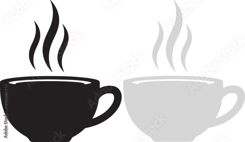 Two steaming hot coffee cups in black and gray vector illustration on transparent background