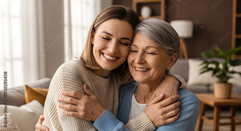 © youns - Mujer feliz, enfermera y abrazo a paciente mayor en cuidado de ancianos, apoyo o confianza en un hogar de ancianos. Retrato de una persona madura, médico o cuidador médico abrazándose con una sonrisa