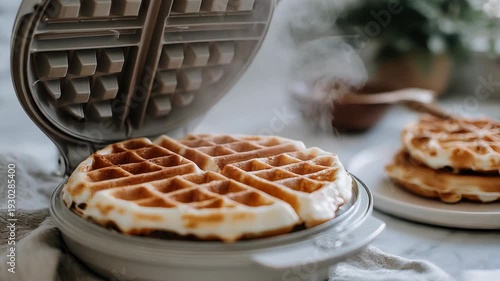 Steaming fresh waffles emerging from iron in cozy kitchen setting