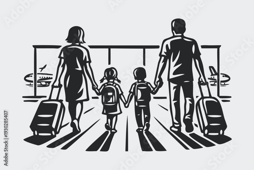 Family Travelers Arriving Departing Airport Terminal Together Flat Illustration
