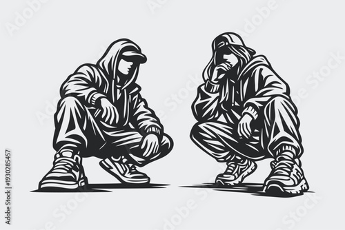 Urban Youth Squatting in Hoodies Expressing Street Culture