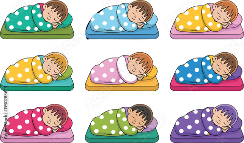 Sleeping Child Positions Vector Illustration Set Showing Kids Resting in Different Poses for Bedtime Routine and Healthy Sleep Concept