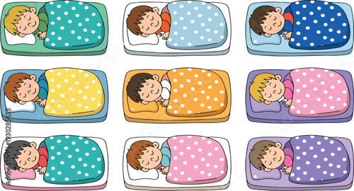 Sleeping Child Positions Vector Illustration Set Showing Kids Resting in Different Poses for Bedtime Routine and Healthy Sleep Concept