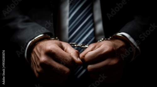 Close up of a Man, Businessman in a Suit with Handcuffs on his Wrists, Hands representing Powerful Symbol of White Collar Crime, Financial Corruption and Legal Justice System in the dark