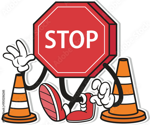 Cartoon Stop Sign Mascot Sitting with Traffic Cones