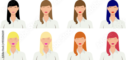 Vector illustration set of eight women with long hair in bold, vibrant colors and bright lips. Perfect for fashion, diversity, character design, and modern flat vector projects