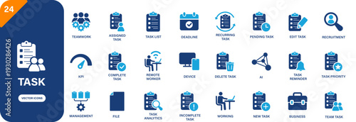 Task icon collection featuring deadline, task list, work, file, assigned task and kpi symbols. Solid vector icons.