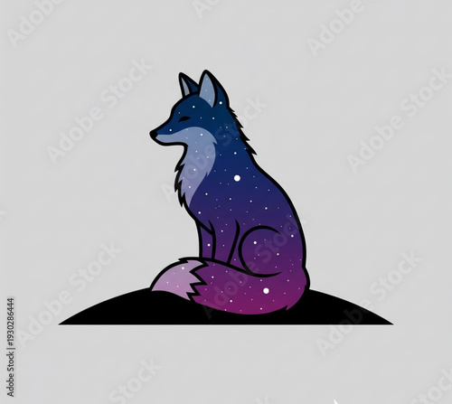 An illustration of a wolf sitting on a hill, gazing into the night sky filled with stars