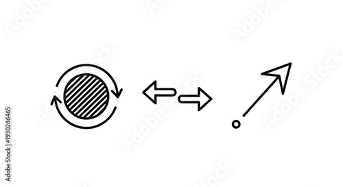 Minimalist black and white vector graphic illustration set displaying concepts of rotation exchange and directional movement through simple icons.