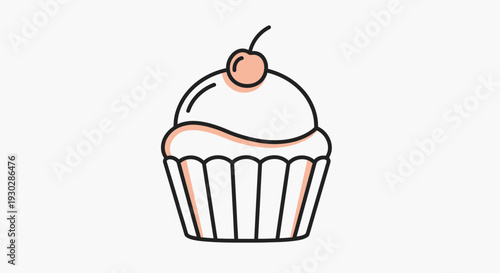 Simple cupcake icon with cherry on top, minimalist line art, sweet dessert illustration