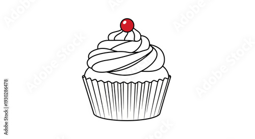 Simple cupcake with red cherry on top, line art, white background