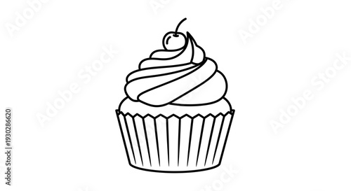 Simple Line Art Cupcake with Cherry on Top - Minimalist Dessert Icon