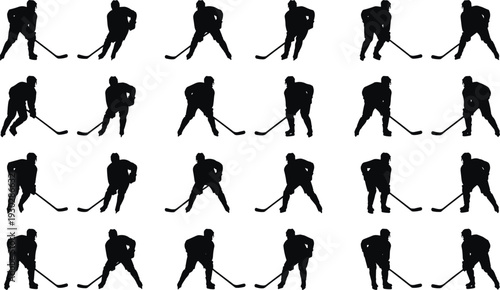 Ice hockey player silhouettes in dynamic skating and puck handling poses isolated on white background sports action vector illustration set