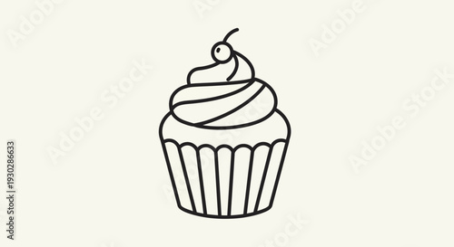 Simple Line Art Cupcake with Cherry on Top, Minimalist Dessert Icon