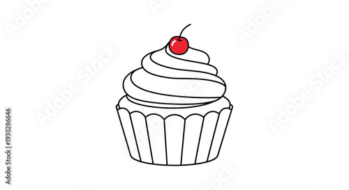 Simple Line Art Cupcake with Cherry Topping