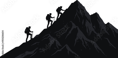 Mountain climbers silhouettes ascending steep rocky peak symbolizing teamwork adventure challenge and success isolated on white background outdoor hiking vector illustration