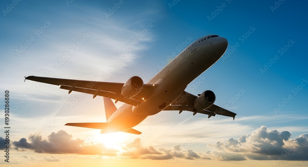 Naklejka premium Avión comercial volando en un hermoso cielo al atardecer, concepto de viaje.