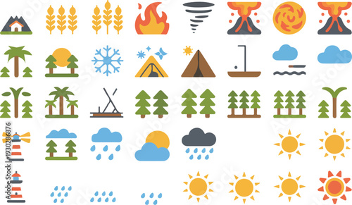 Nature and Weather Vector Icon Set with Mountains Trees Storm Rain Fire Lighthouse and Outdoor Elements