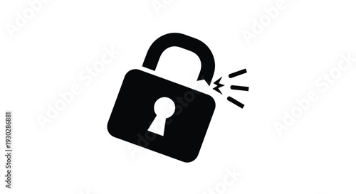 Black vector illustration graphic depicting a broken open padlock shackle with impact lines symbolizing security breach or system failure.