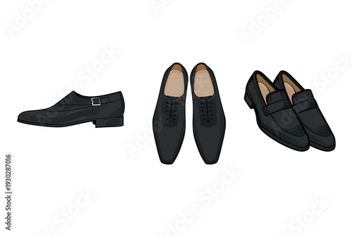 Colored vector illustration collection of black formal menswear shoes. Includes single monk strap, top view oxfords, and angled penny loafers. Perfect for corporate fashion and retail catalogs.