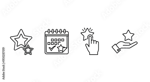 Collection of black line art vector icons representing customer satisfaction rating scheduling and rewarding achievements through digital interaction
