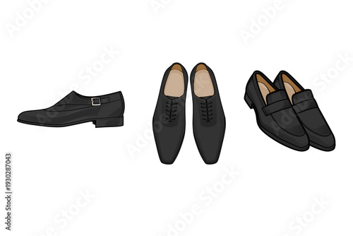 Colored vector illustration collection of black formal menswear shoes. Includes single monk strap, top view oxfords, and angled penny loafers. Perfect for corporate fashion and retail catalogs.