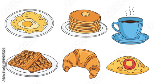 Colorful cartoon breakfast illustration featuring waffles and omelet